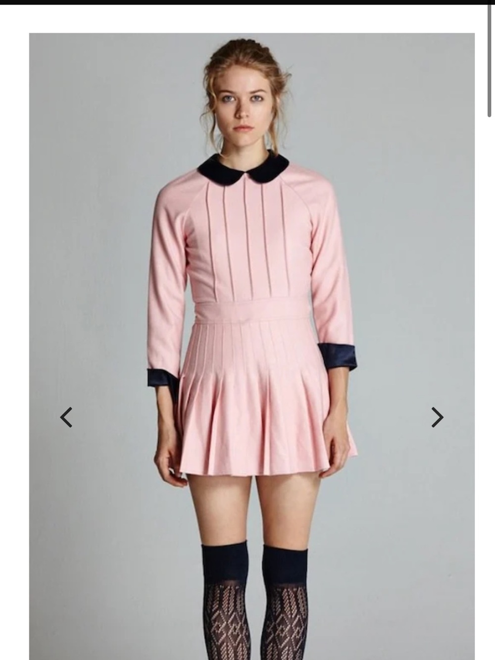 Women's Long-Sleeve Pink Pleated Dress with Peter Pan Collar